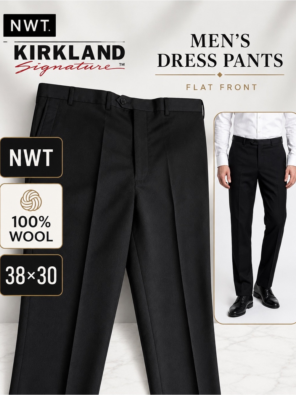 NWT Kirkland Signature Men’s 100% Wool Dress Pants Black Flat Front 38x30